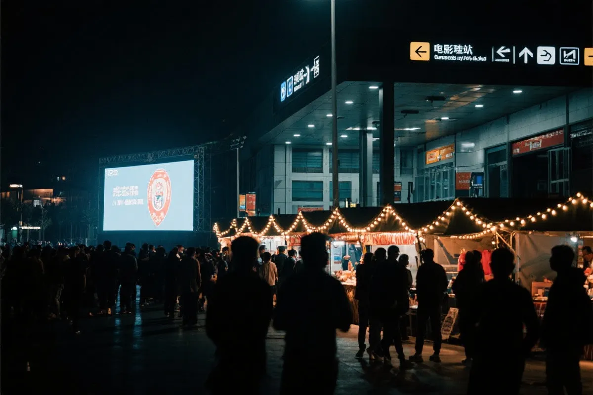 费城球迷广场夜景：大屏观赛人群、步行指示牌与公共交通入口